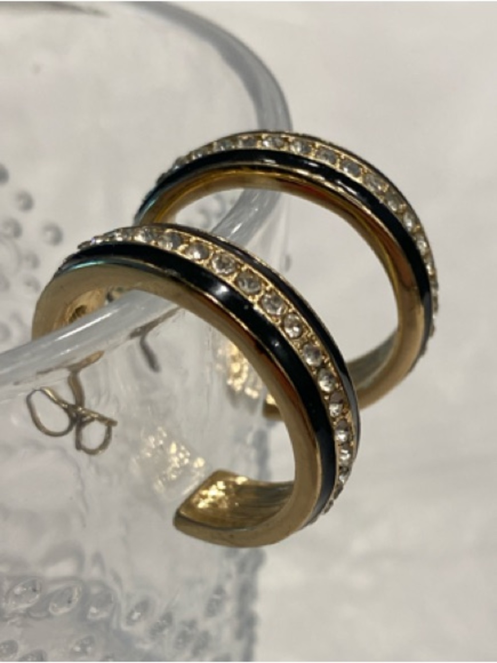Gold Navy Enamel Rhinestone Hoop Earrings Medium - Picture 4 of 12